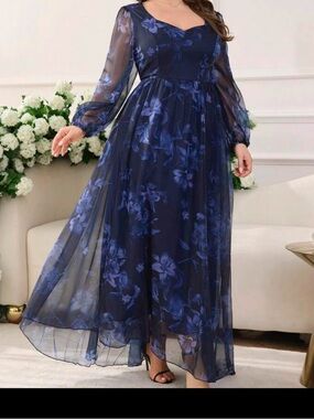 SHEIN Navy Blue Floral Chiffon Maxi Dress Wedding Guest Plus Size